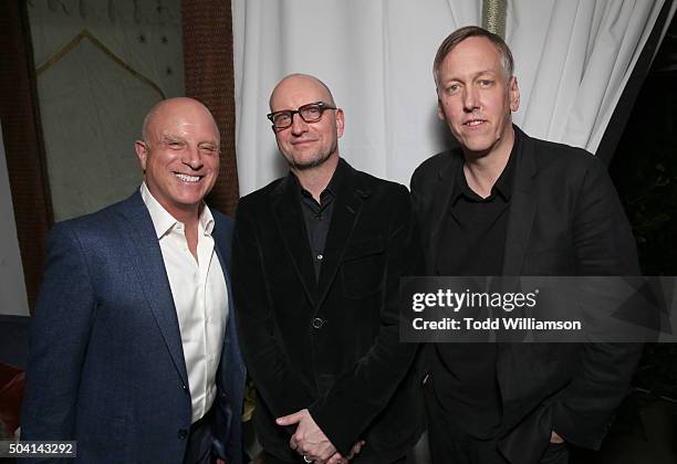 Starz CEO Chris Albrecht, Steven Soderbergh and Lodge Kerrigan attend the Starz Pre-Golden Globe Celebration at Chateau Marmont on January 8, 2016 in...