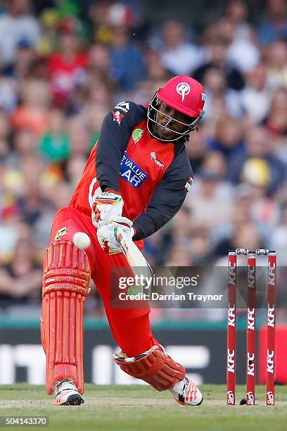 Chris Gayle of the Melbourne Renegades hits Adam Zampa of the Melbourne Stars for 6 during the Big Bash League match between the Melbourne Renegades...