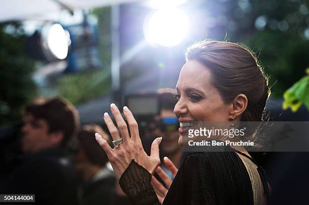 Angelina Jolie attends a private reception as costumes and props from Disney's "Maleficent" are exhibited in support of Great Ormond Street Hospital...