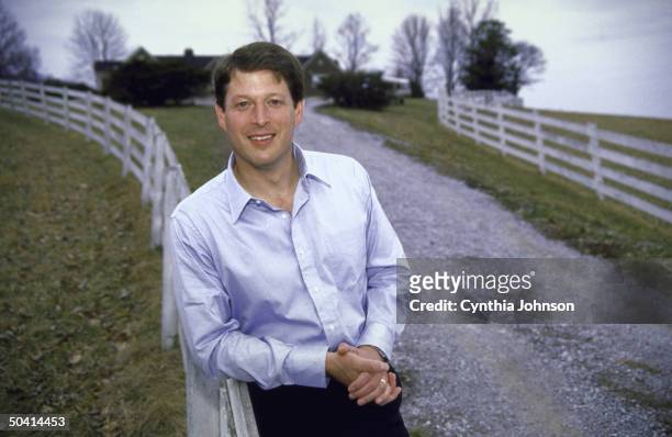 Senator Al Gore posing on his farm after his victory in the Super Tuesday Presidential Primary.