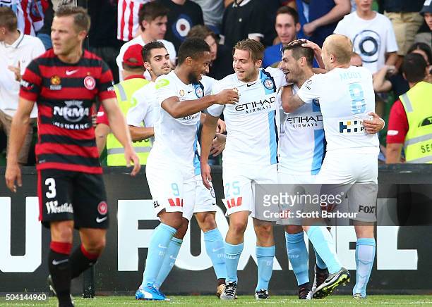 Bruno Fornaroli of City FC is congratulated by Jacob Melling, Harry Novillo and Aaron Mooy after scoring the second goal during the round 14 A-League...