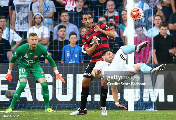 Bruno Fornaroli of City FC attempts a shot on goal with an overhead scissor kick as goalkeeper Dean Bouzanis of City FC looks on during the round 14...