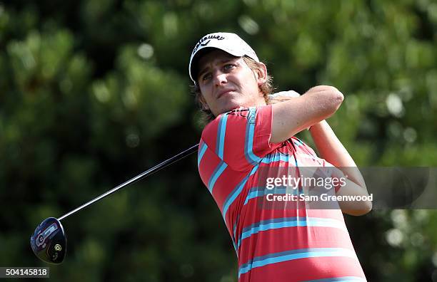 Emiliano Grillo of Argentina plays his shot from the first tee during round two of the Hyundai Tournament of Champions at the Plantation Course at...