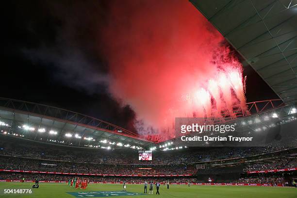 Fire works are seen after the Big Bash League match between the Melbourne Renegades and the Melbourne Stars at Etihad Stadium on January 9, 2016 in...