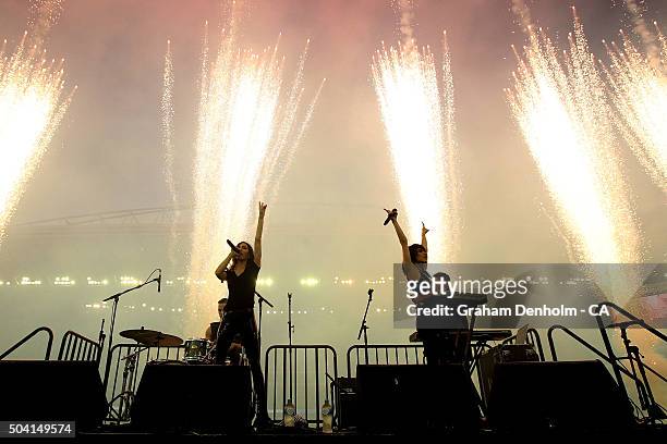 The Veronicas perform during the Big Bash League match between the Melbourne Renegades and the Melbourne Stars at Etihad Stadium on January 9, 2016...