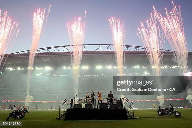 The Veronicas perform during the Big Bash League match between the Melbourne Renegades and the Melbourne Stars at Etihad Stadium on January 9, 2016...