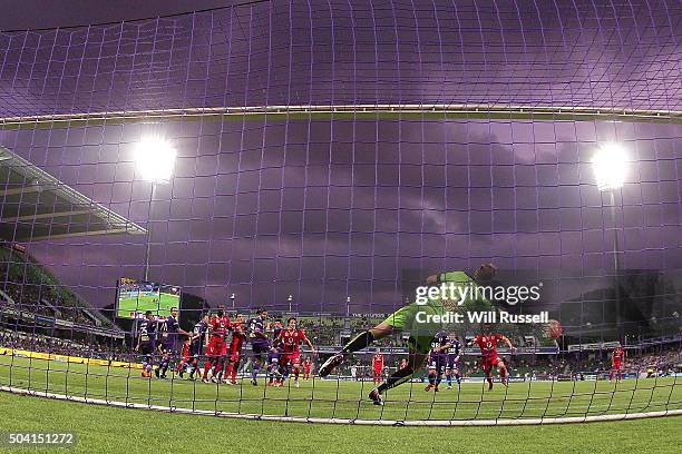 Ante Covic of the Glory takes a save during the round 14 A-League match between the Perth Glory and Adelaide United at nib Stadium on January 9, 2016...