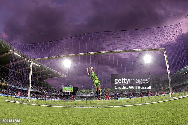 Ante Covic of the Glory takes a save during the round 14 A-League match between the Perth Glory and Adelaide United at nib Stadium on January 9, 2016...