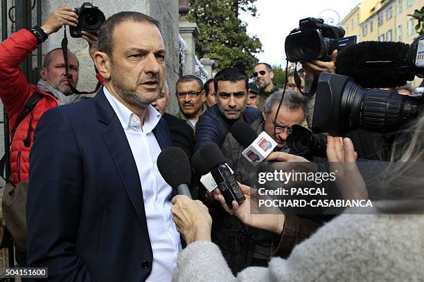 "Corsica Maritima" company president Francois Padrona answers journalists after a demonstration in front of the southtern prefecture on January 9,...