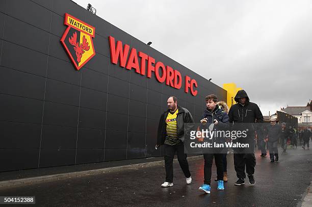 Watford supporters are seen at the stadium prior to the Emirates FA Cup Third Round match between Watford and Newcastle United at Vicarage Road on...
