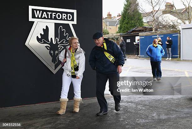 Watford supporters arrive at the stadium prior to the Emirates FA Cup Third Round match between Watford and Newcastle United at Vicarage Road on...