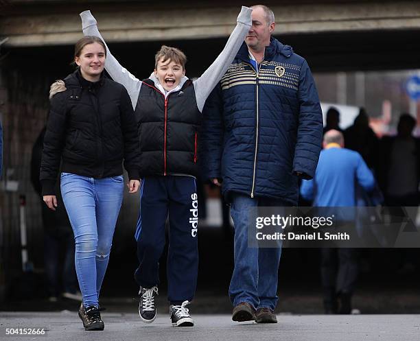 Leeds United FC fans arrive at Elland Road prior to The Emirates FA Cup Third Round match between Leeds United and Rotherham United at Elland Road on...