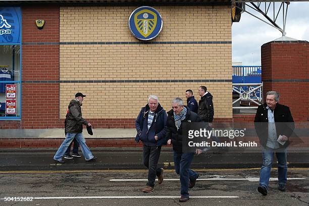 Leeds United FC fans arrive at Elland Road prior to The Emirates FA Cup Third Round match between Leeds United and Rotherham United at Elland Road on...