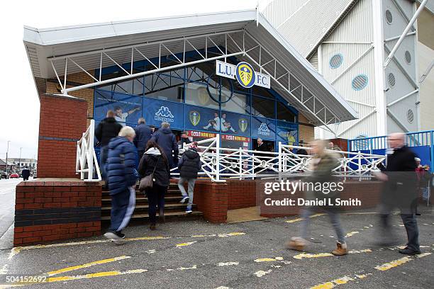 Leeds United FC fans arrive at Elland Road prior to The Emirates FA Cup Third Round match between Leeds United and Rotherham United at Elland Road on...
