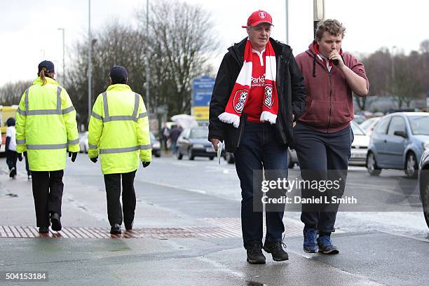 Rotherham United FC fans arrive at Elland Road prior to The Emirates FA Cup Third Round match between Leeds United and Rotherham United at Elland...