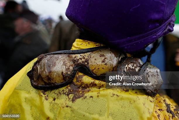 Muddy Jamie Moore after riding Mountainous to win The Coral Welsh Grand National at Chepstow racecourse on January 09, 2016 in Chepstow, Wales.