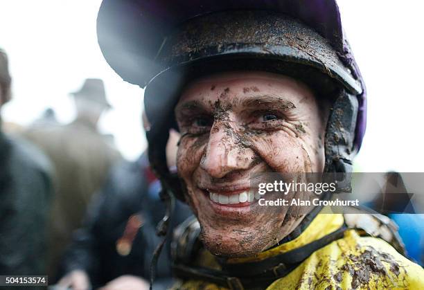Muddy Jamie Moore after riding Mountainous to win The Coral Welsh Grand National at Chepstow racecourse on January 09, 2016 in Chepstow, Wales.