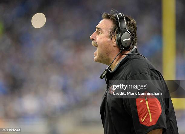 San Francisco 49ers Head Coach Jim Tomsula yells onto the field during the game against the Detroit Lions at Ford Field on December 27, 2015 in...