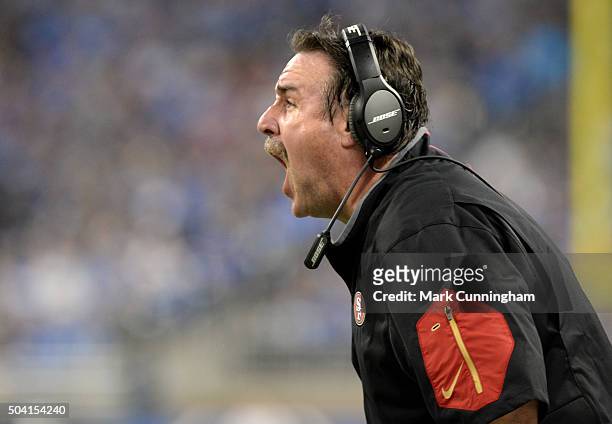 San Francisco 49ers Head Coach Jim Tomsula yells onto the field during the game against the Detroit Lions at Ford Field on December 27, 2015 in...