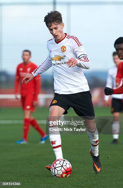 Callum Gribbin of Manchester United in action during the Liverpool v Manchester United U18 Premier League game at the Liverpool FC Academy on January...