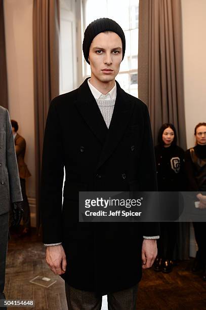 Model poses at the Hardy Amies presentation during The London Collections Men AW16 at The Arts Club on January 9, 2016 in London, England.