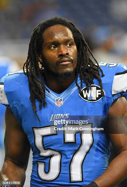Josh Bynes of the Detroit Lions looks on during the game against the San Francisco 49ers at Ford Field on December 27, 2015 in Detroit, Michigan. The...