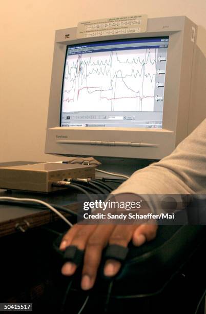 Closeup of hand sensors used w. Computerized polygraph machine, which is being used in a simulated situation by the County Police.