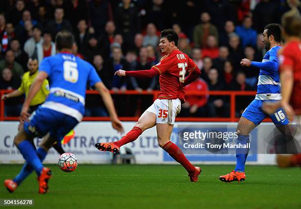 Oliver Burke of Nottingham Forest scores their first goal during The Emirates FA Cup Third Round match between Nottingham Forest and Queens Park...