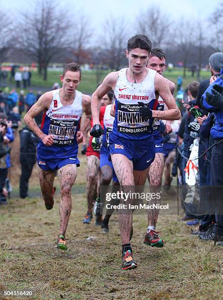Calum Hawkins of Great Britain competes in the Men's 8Km race during the Great Edinburgh X Country in Holyrood Park on January 09, 2016 in Edinburgh,...