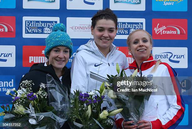 Fionnuala McCormack of Europe, Kate Avery and Gemma Steel, both of Great Britain pose on the podium after the Women's 6Km race during the Great...