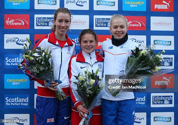 Harriet Knowles Jones of Great Britain, Bobby Clay of Great Britain and Anne Emilie Moller of Europe pose on the podium after the Junior Women's race...