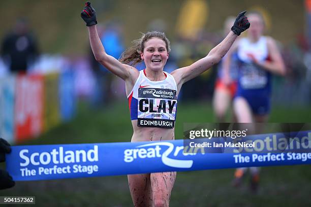 Bobby Clay of Great Britain wins the Women's Junior race during the Great Edinburgh X Country in Holyrood Park on January 09, 2016 in Edinburgh,...