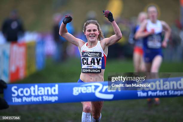 Bobby Clay of Great Britain wins the Women's Junior race during the Great Edinburgh X Country in Holyrood Park on January 09, 2016 in Edinburgh,...