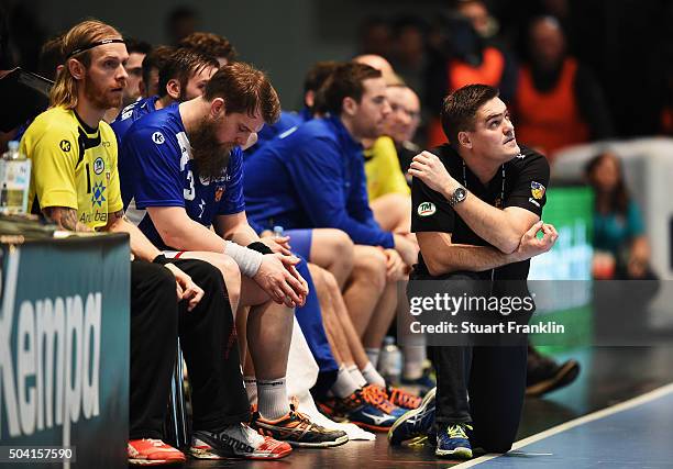Aron Kristjansson, head coach of Iceland looks on during the international handball friendly match between Germany and Iceland on January 9, 2016 in...