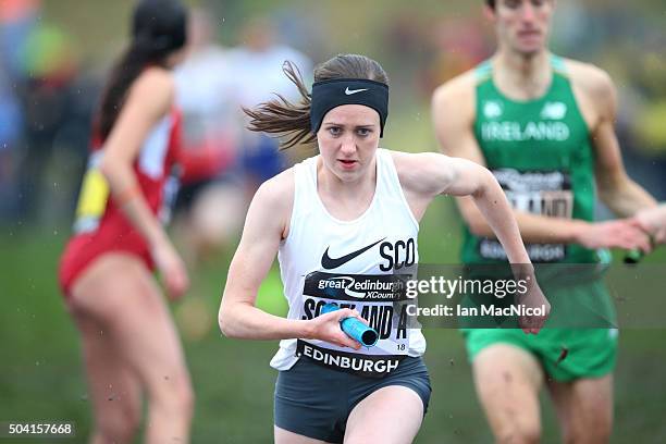 Laura Muir leads Scotland to victory in the Stewart Cup during the Great Edinburgh X Country in Holyrood Park on January 09, 2016 in Edinburgh,...