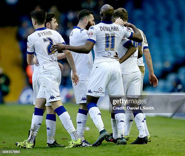 Leeds United FC celebrate after Mustafa Carayol of Leeds United FC scores the opening goal during The Emirates FA Cup Third Round match between Leeds...