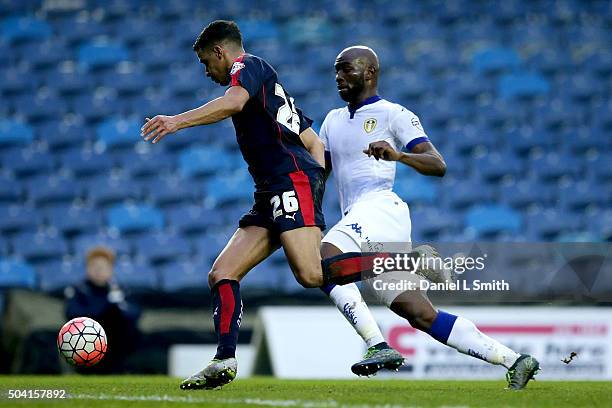 Brandon Barker of Rotherham United FC under pressure from Souleymane Doukara of Leeds United FC during The Emirates FA Cup Third Round match between...