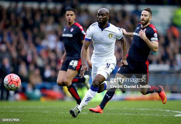 Souleymane Doukara of Leeds United FC chases down the ball during The Emirates FA Cup Third Round match between Leeds United and Rotherham United at...