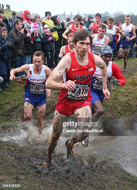 Mo Farah of Great Britain competes in the Men's 8km race during the Great Edinburgh X Country in Holyrood Park on January 09, 2016 in Edinburgh,...