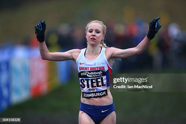Gemma Steel of Great Britain competes in the Women's 6km race during the Great Edinburgh X Country in Holyrood Park on January 09, 2016 in Edinburgh,...