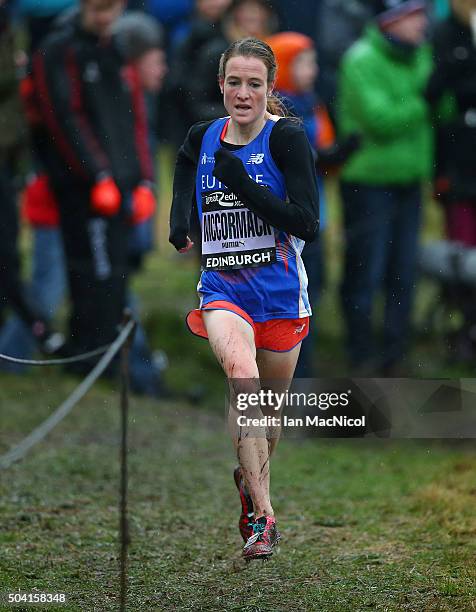 Fionnuala McCormack of Europe competes in the Women's 6km race during the Great Edinburgh X Country in Holyrood Park on January 09, 2016 in...