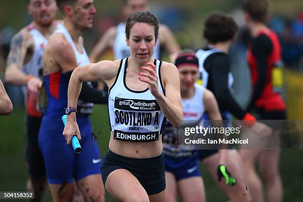 Steph Twell of Scotland competes in the Stewart Cup during the Great Edinburgh X Country in Holyrood Park on January 09, 2016 in Edinburgh, Scotland.