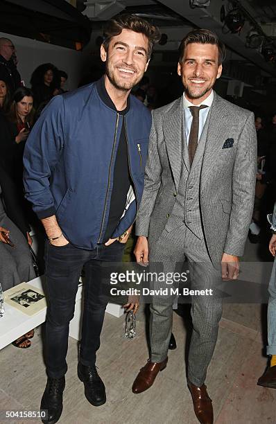 Robert Konjic and Johannes Huebl attend the Oliver Spencer front row during London Collections Men AW16 at 180 The Strand on January 9, 2016 in...