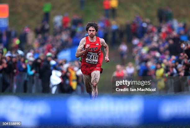 Garret Heath of USA and Mo Farah of Great Britain compete in the Men's 8km race during the Great Edinburgh X Country in Holyrood Park on January 09,...