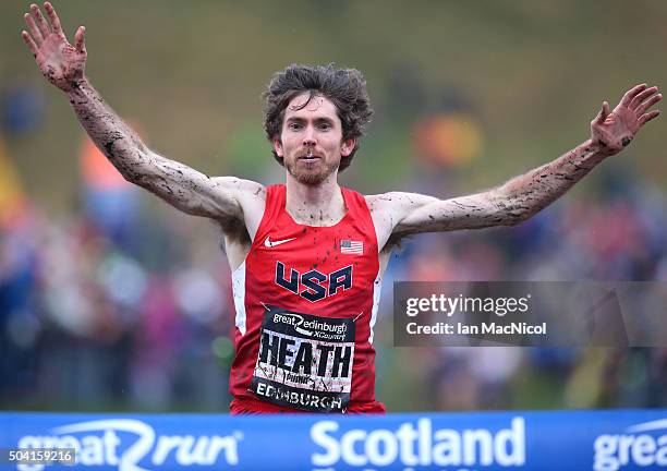 Garret Heath of the United States wins the Senior men's 8Km during the Great Edinburgh X Country in Holyrood Park on January 09, 2016 in Edinburgh,...