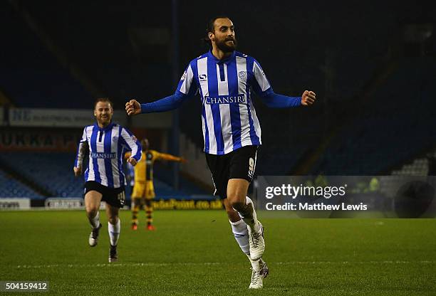 Atdhe Nuhiu of Sheffield Wednesday celebrates his goal during The Emirates FA Cup Third Round match betwen Sheffield Wednesday and Fulham at...