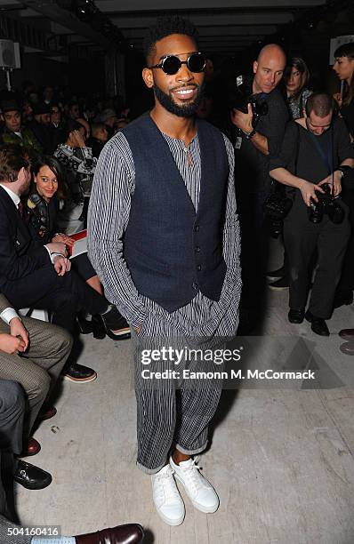 Tinie Tempah attends the Oliver Spencer show during The London Collections Men AW16 at 108 The Strand on January 9, 2016 in London, England.