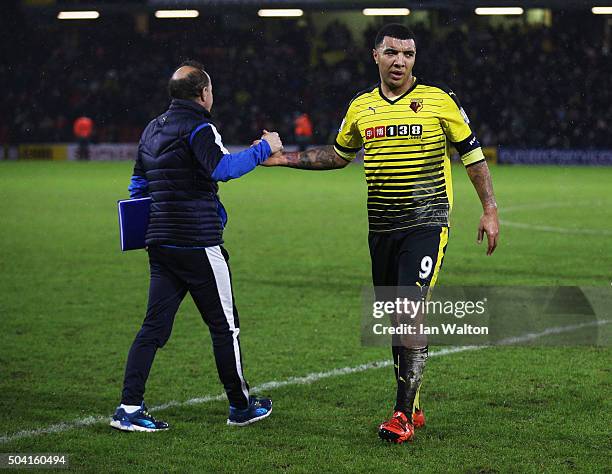 Winning goalscorer Troy Deeney of Watford celebrates after victory in the Emirates FA Cup Third Round match between Watford and Newcastle United at...