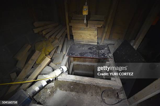 View of the end of the alleged tunnel through which Mexican drug lord Joaquin "El Chapo" Guzman might have escaped from the Altiplano prison, in...