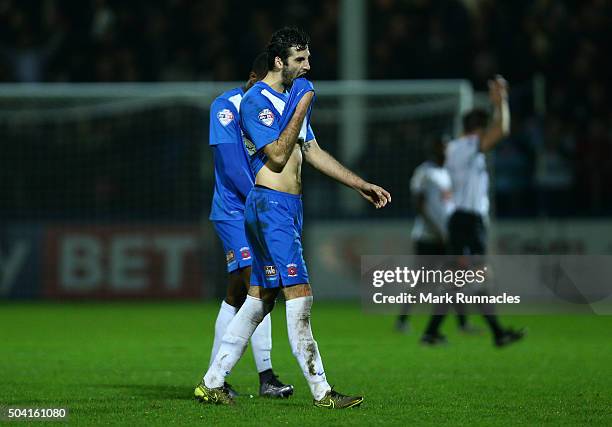 Adam Jackson of Hartlepool United walk from the pitch after his side lost to Derby County 2-1 during The Emirates FA Cup third round match between...